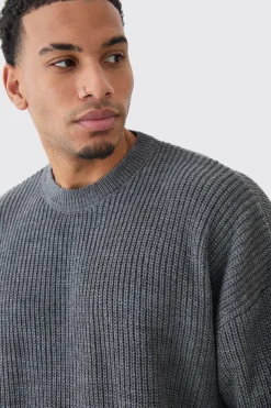 Boxy Crew Neck Ribbed Knitted Jumper | BoohooMAN UK