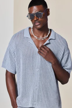 Boxy Crochet Open Knit Revere Shirt In Grey | BoohooMAN UK
