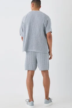 Boxy Crochet Open Knit Revere Shirt In Grey | BoohooMAN UK