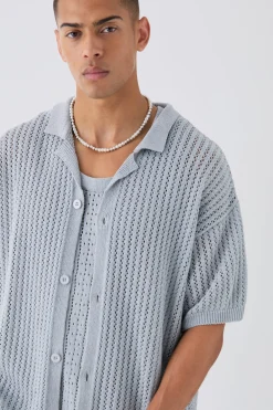 Boxy Crochet Open Knit Revere Shirt In Grey | BoohooMAN UK