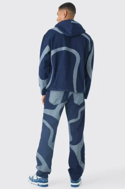 Boxy Denim Patchwork Applique Hoodie | BoohooMAN UK