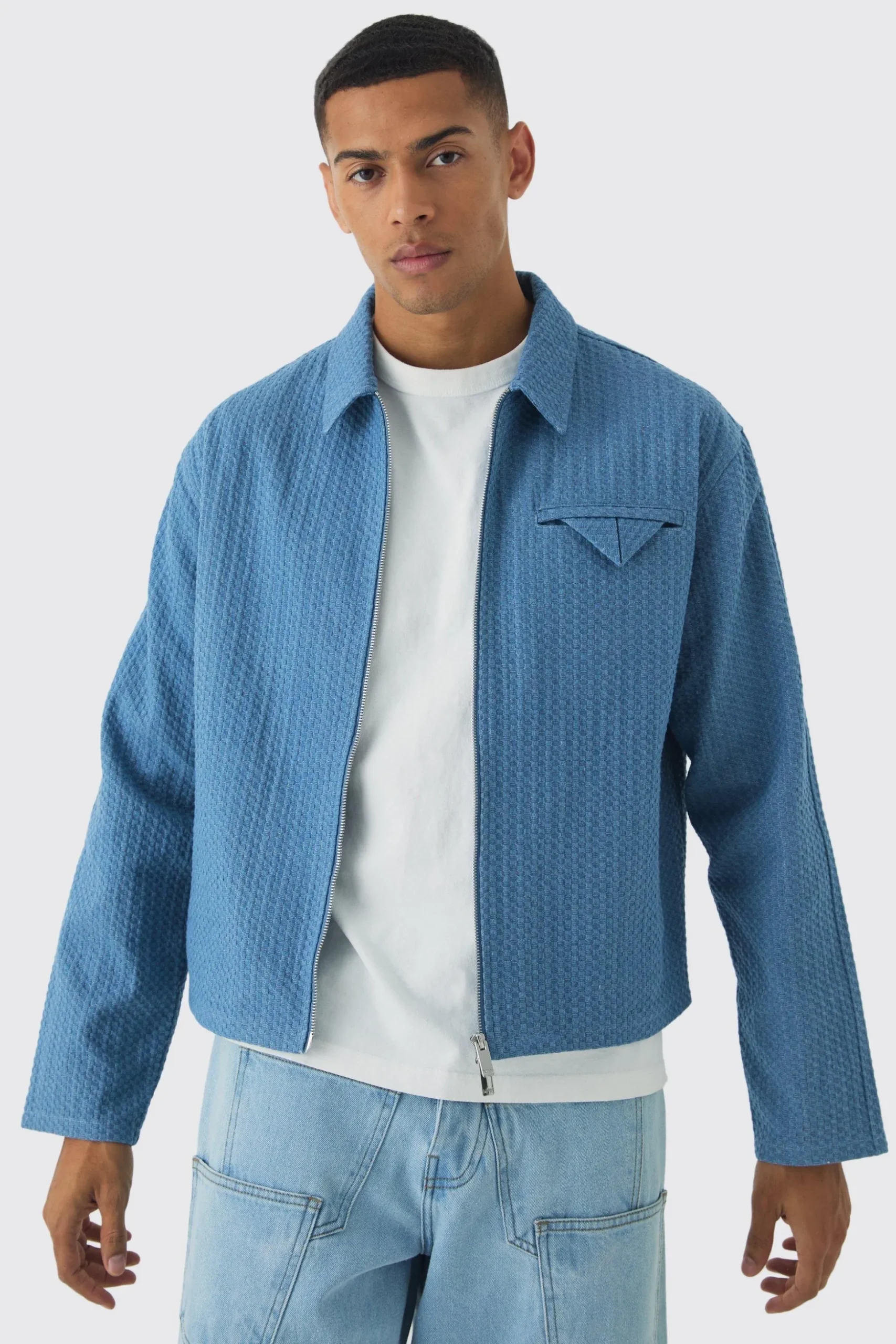 Boxy Denim Textured Jacket | BoohooMAN UK