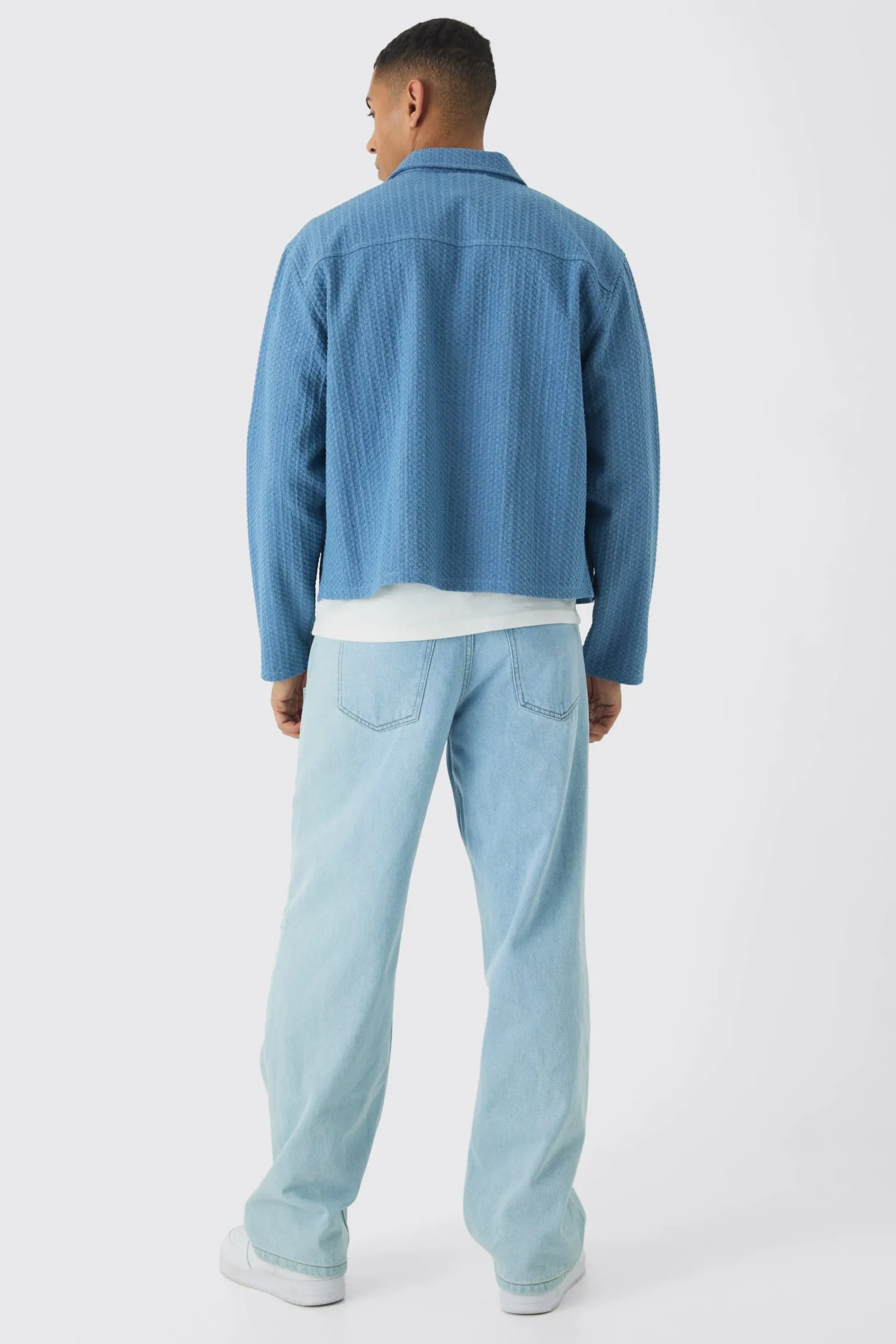 Boxy Denim Textured Jacket | BoohooMAN UK