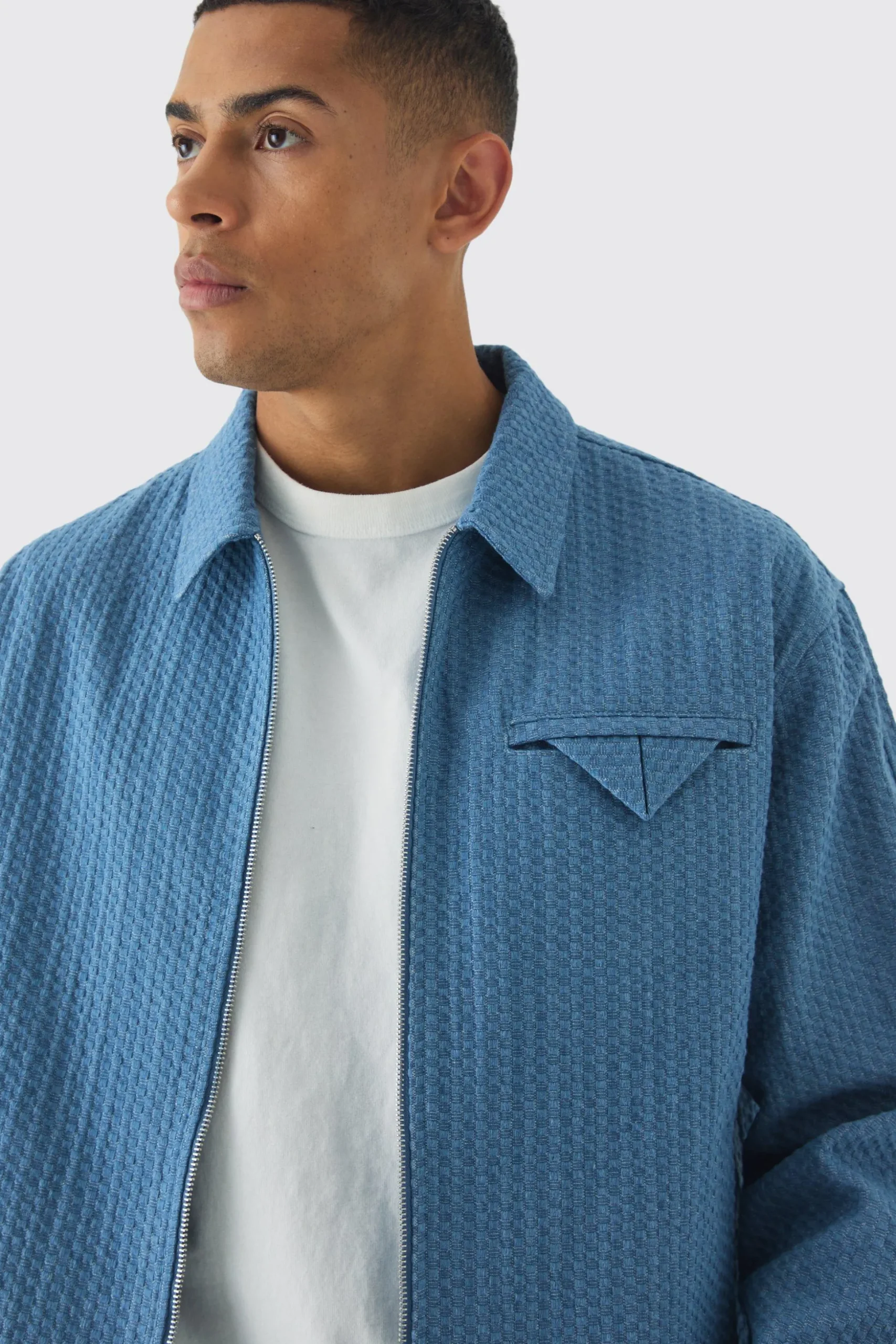 Boxy Denim Textured Jacket | BoohooMAN UK