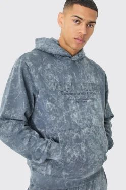 Boxy Distressed Applique Washed Hoodie | BoohooMAN UK