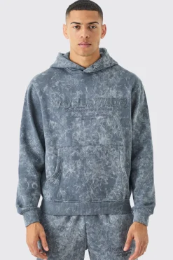 Boxy Distressed Applique Washed Hoodie | BoohooMAN UK