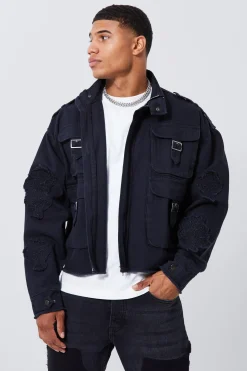 Boxy Distressed Cross Applique Twill Jacket | BoohooMAN UK