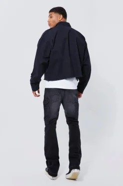 Boxy Distressed Cross Applique Twill Jacket | BoohooMAN UK