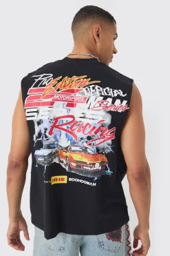 Boxy Drop Armhole Extended Neck Racing Print Tank | BoohooMAN UK