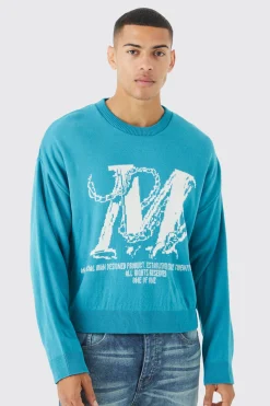 Boxy Drop Shoulder Graphic Knitted Jumper | BoohooMAN UK