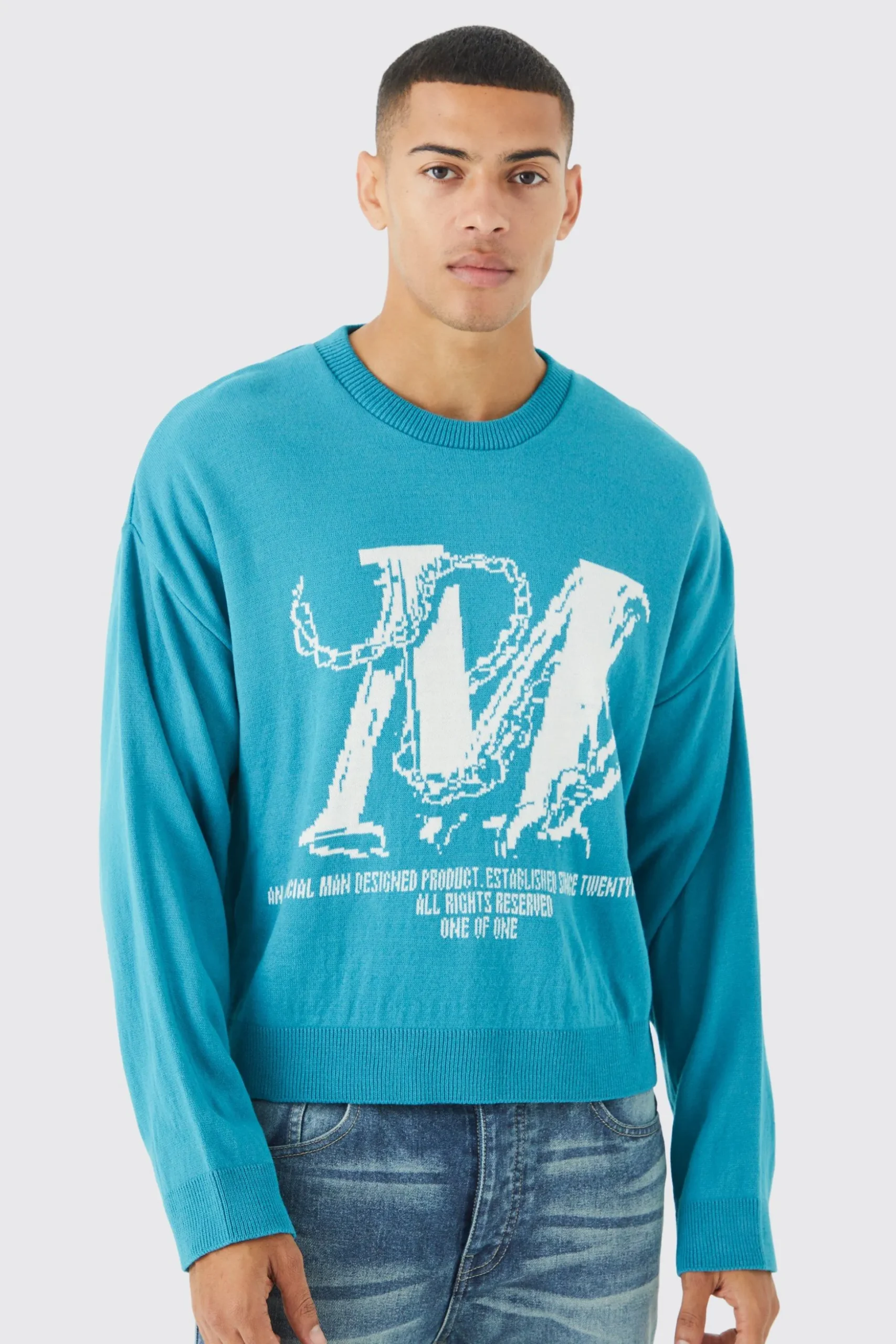 Boxy Drop Shoulder Graphic Knitted Jumper | BoohooMAN UK