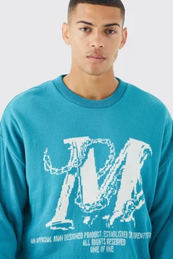Boxy Drop Shoulder Graphic Knitted Jumper | BoohooMAN UK