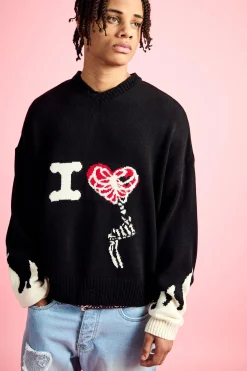 Boxy Drop Shoulder V Neck Graphic Jumper | BoohooMAN UK
