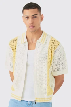 Boxy Dual Zip Open Stitch Colour Block Shirt | BoohooMAN UK