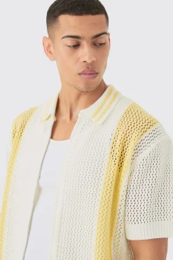 Boxy Dual Zip Open Stitch Colour Block Shirt | BoohooMAN UK