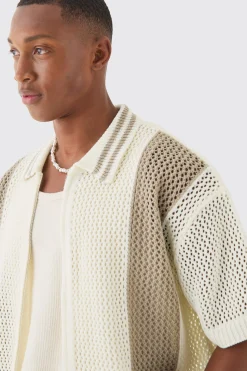 Boxy Dual Zip Open Stitch Colour Block Shirt | BoohooMAN UK