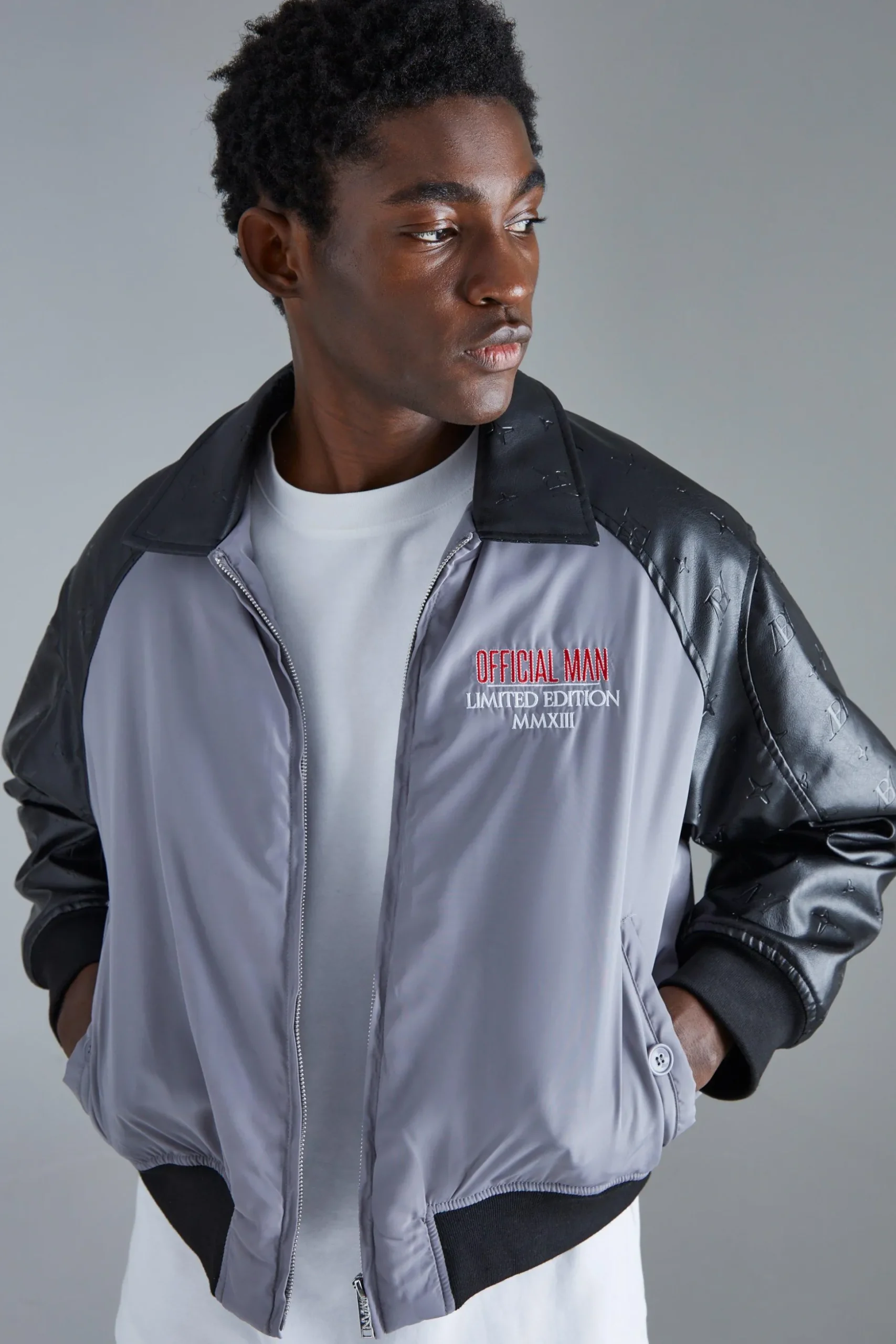 Boxy Embossed Pu & Contrast Nylon Bomber | BoohooMAN UK