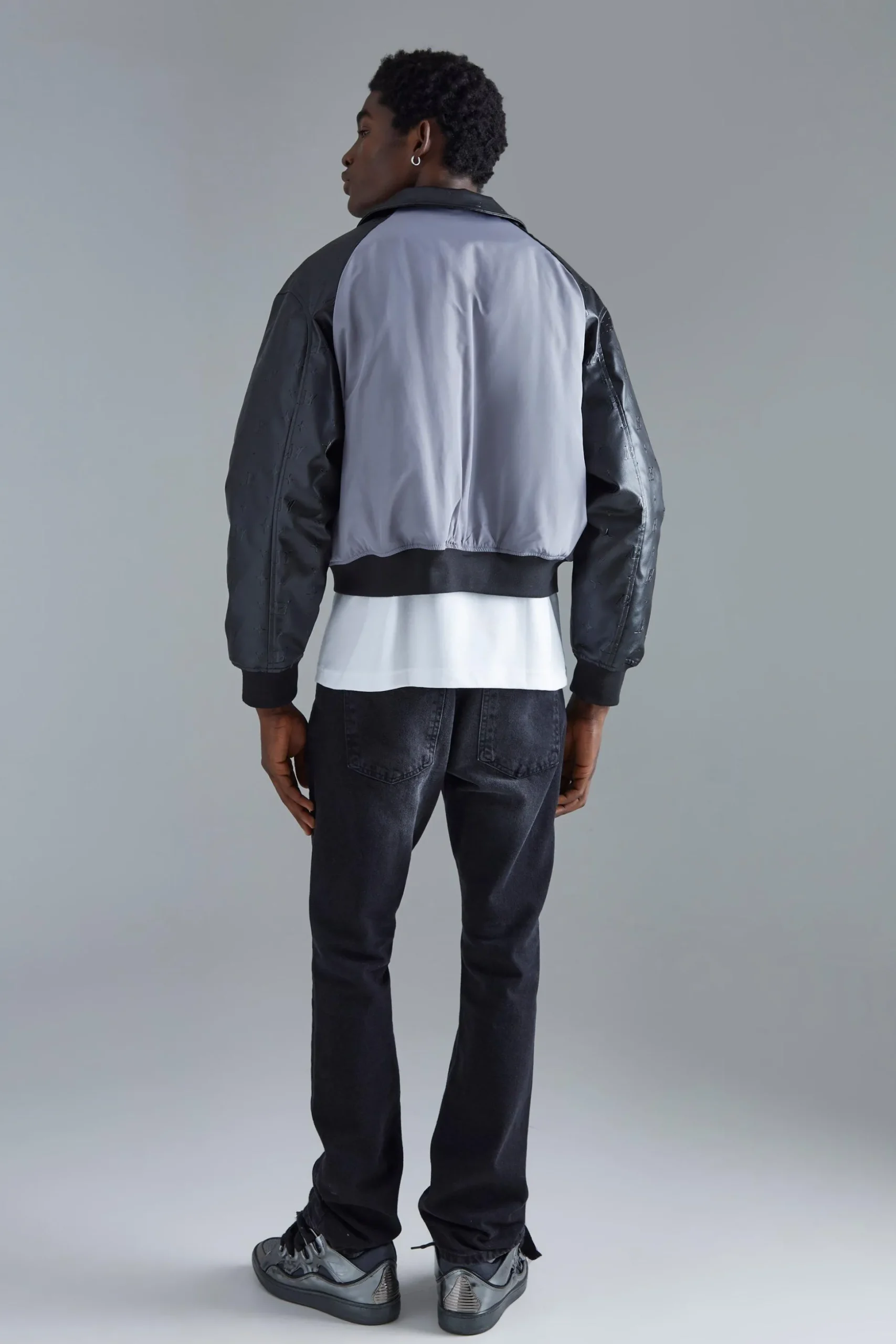 Boxy Embossed Pu & Contrast Nylon Bomber | BoohooMAN UK