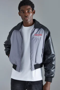 Boxy Embossed Pu & Contrast Nylon Bomber | BoohooMAN UK