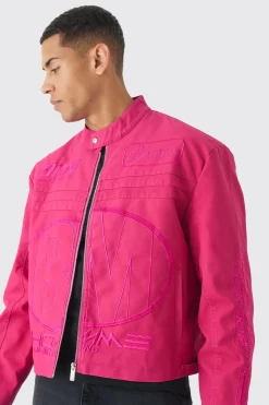 Boxy Embossed Pu Moto Jacket In Pink | BoohooMAN UK