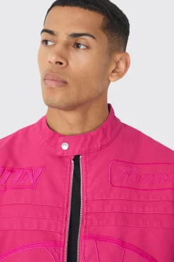 Boxy Embossed Pu Moto Jacket In Pink | BoohooMAN UK