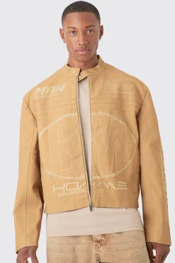 Boxy Embossed Pu Moto Jacket In Sand | BoohooMAN UK