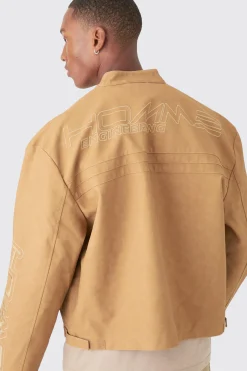 Boxy Embossed Pu Moto Jacket In Sand | BoohooMAN UK