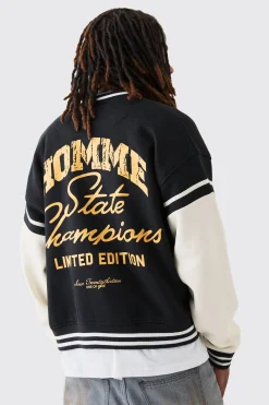 Boxy Embroidered Jersey Varsity Jacket | BoohooMAN UK
