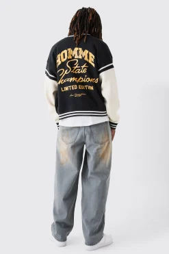 Boxy Embroidered Jersey Varsity Jacket | BoohooMAN UK