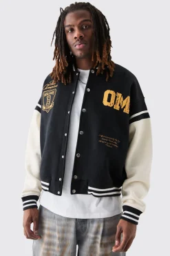 Boxy Embroidered Jersey Varsity Jacket | BoohooMAN UK