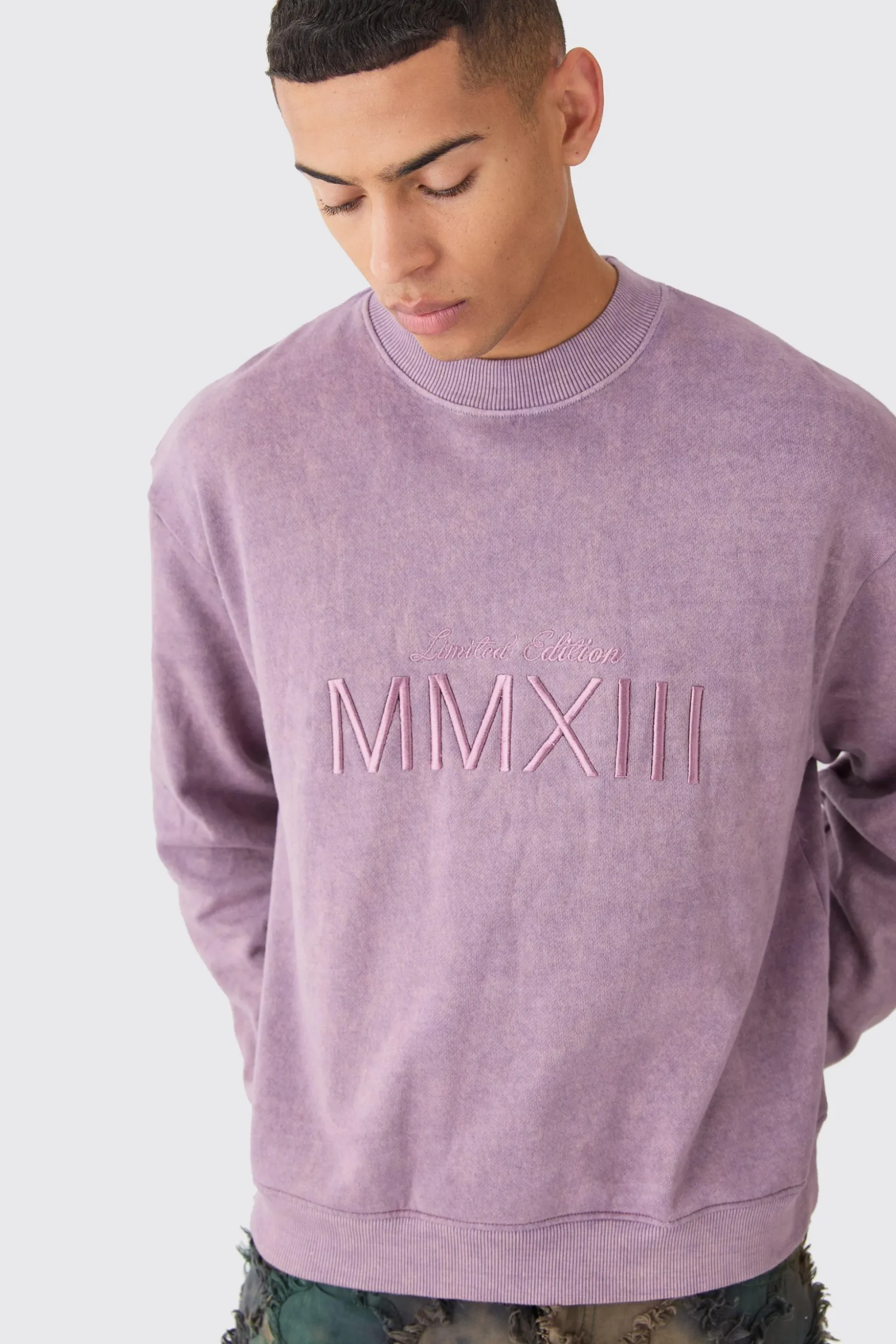 Boxy Extended Neck Acid Wash Embroidered Sweatshirt | BoohooMAN UK