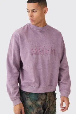 Boxy Extended Neck Acid Wash Embroidered Sweatshirt | BoohooMAN UK