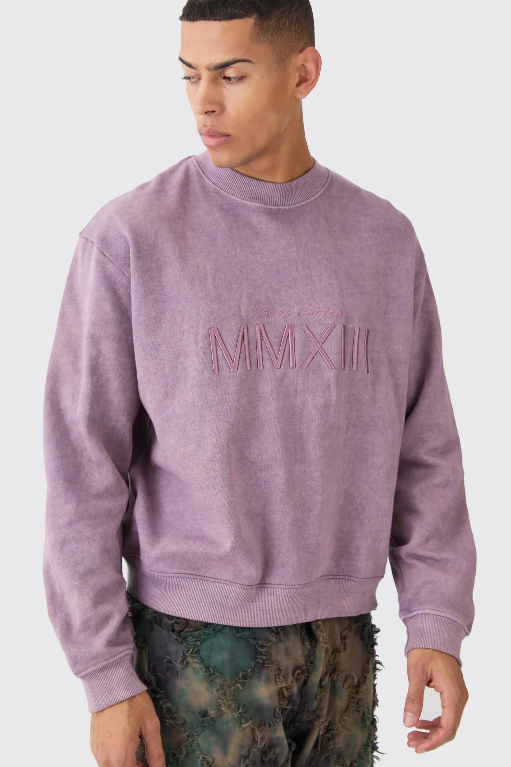 Boxy Extended Neck Acid Wash Embroidered Sweatshirt | BoohooMAN UK