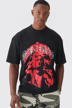Boxy Extended Neck Raw Hem Large Official Mask Print T-shirt | BoohooMAN UK