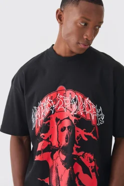 Boxy Extended Neck Raw Hem Large Official Mask Print T-shirt | BoohooMAN UK