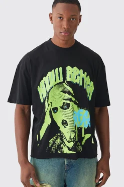 Boxy Extended Neck Raw Hem Large Know Better Mask Print T-shirt | BoohooMAN UK