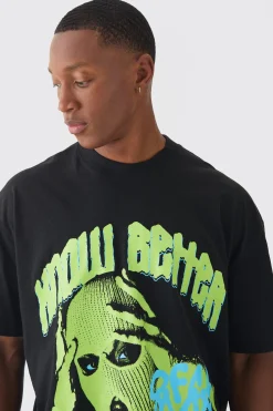 Boxy Extended Neck Raw Hem Large Know Better Mask Print T-shirt | BoohooMAN UK