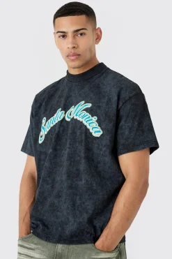 Boxy Extended Neck Santa Monica Acid Wash T-shirt | BoohooMAN UK