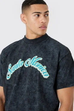 Boxy Extended Neck Santa Monica Acid Wash T-shirt | BoohooMAN UK