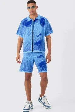 Boxy Face Jacquard Knitted Shirt And Short Set | BoohooMAN UK