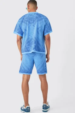 Boxy Face Jacquard Knitted Shirt And Short Set | BoohooMAN UK