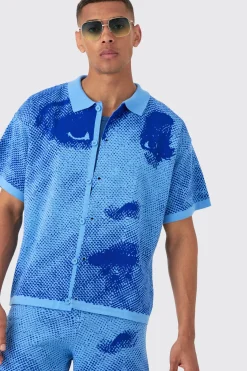Boxy Face Jacquard Knitted Shirt And Short Set | BoohooMAN UK