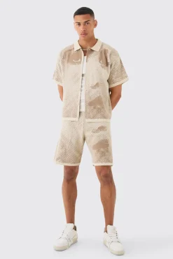 Boxy Face Jacquard Knitted Shirt And Short Set | BoohooMAN UK