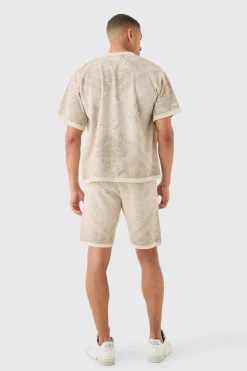 Boxy Face Jacquard Knitted Shirt And Short Set | BoohooMAN UK