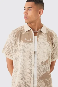 Boxy Face Jacquard Knitted Shirt And Short Set | BoohooMAN UK