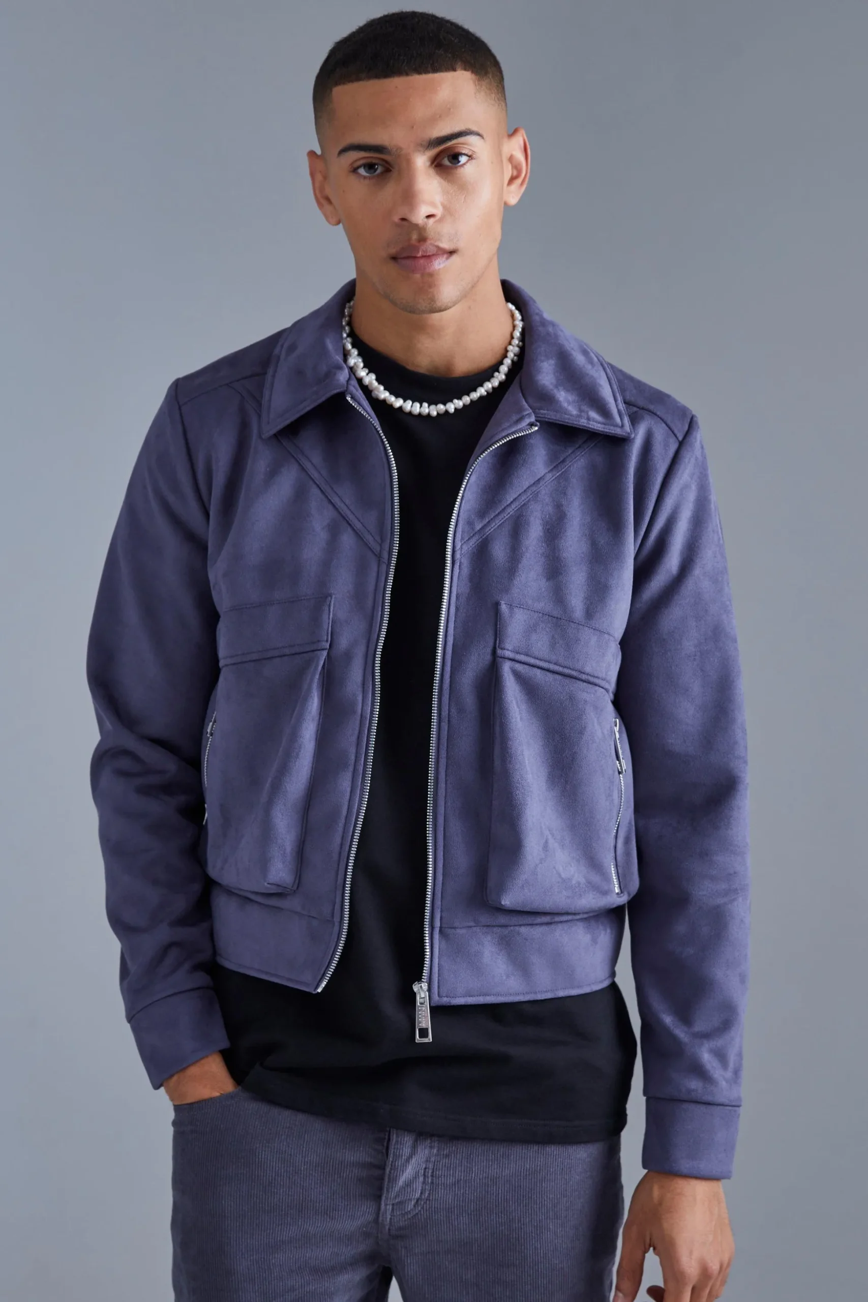 Boxy Faux Suede Collared Jacket | BoohooMAN UK