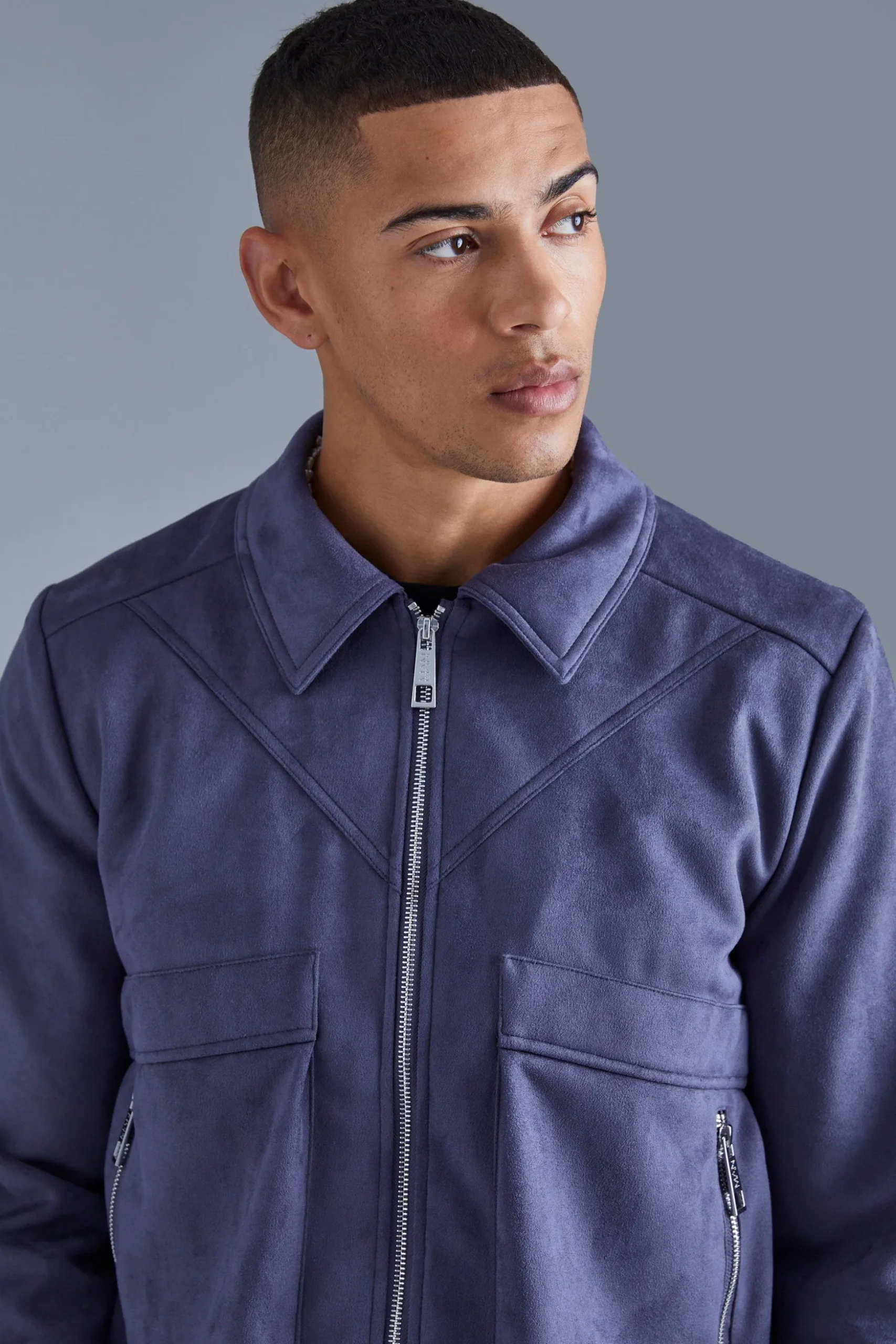 Boxy Faux Suede Collared Jacket | BoohooMAN UK