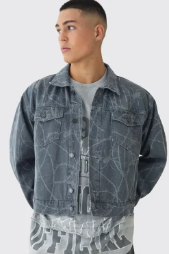 Boxy Fit Barbed Wire Laser Print Denim Jacket | BoohooMAN UK