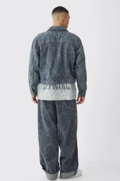 Boxy Fit Barbed Wire Laser Print Denim Jacket | BoohooMAN UK