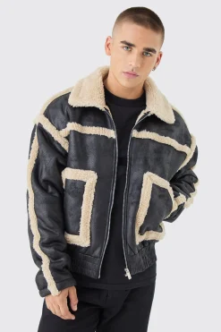 Boxy Fit Borg Lined Bomber Jacket In Black | BoohooMAN UK